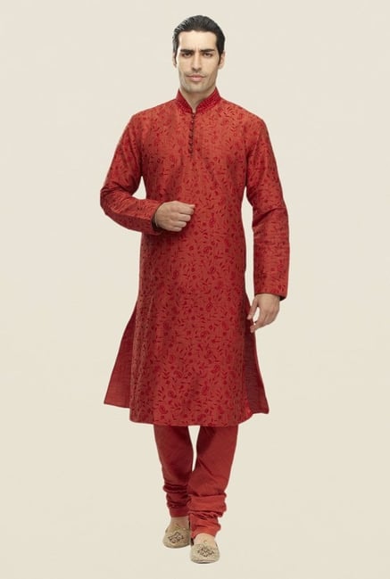 Manyavar Red Embroidered Kurta & Churidar Manyavar Red Embroidered Kurta & Churidar