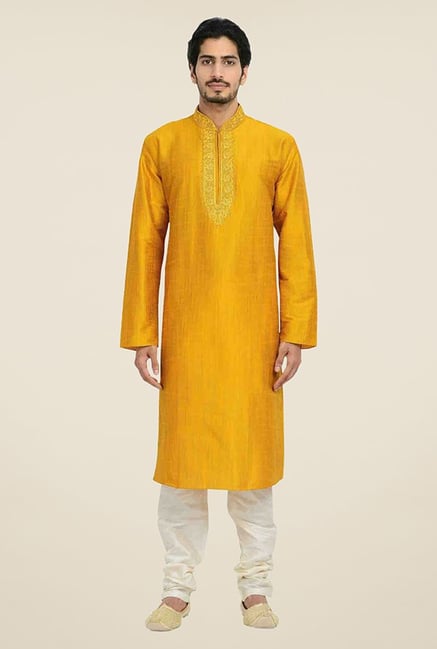 Manyavar Simple Gold & White Self Design Kurta & Churidar Manyavar Simple Gold & White Self Design Kurta & Churidar