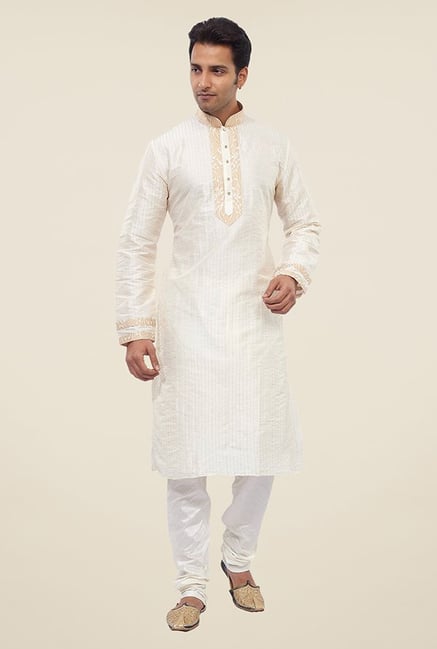 Manyavar Exquisite Off White Striped Kurta & Churidar Manyavar Exquisite Off White Striped Kurta & Churidar