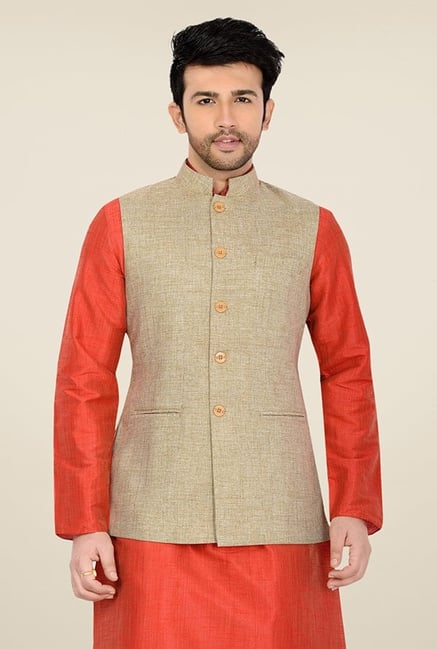 Manyavar Beige Textured Nehru Jacket Manyavar Beige Textured Nehru Jacket