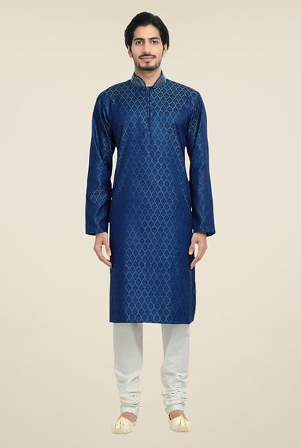 Manyavar Blue & White Jacquard Kurta & Churidar Manyavar Blue & White Jacquard Kurta & Churidar