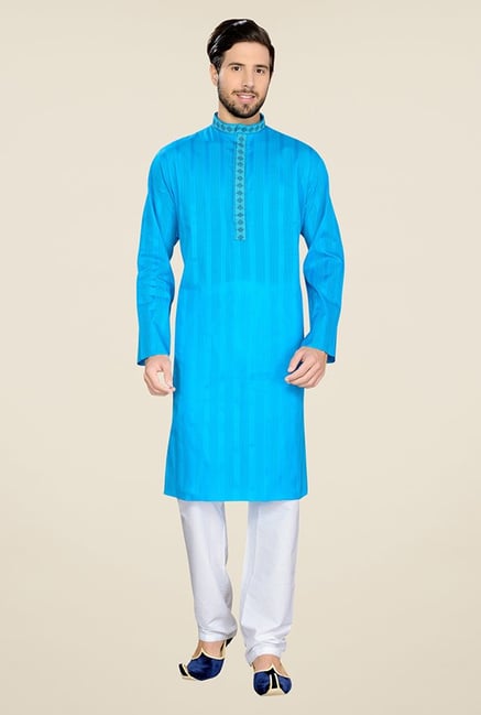 Manyavar Blue Striped Kurta & Pyjama Manyavar Blue Striped Kurta & Pyjama
