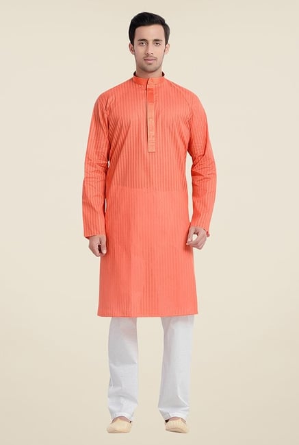 Manyavar Orange Striped Kurta & Pyjama Manyavar Orange Striped Kurta & Pyjama