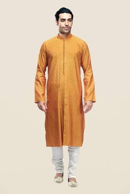 Manyavar Yellowish Orange Self Design Kurta & Churidar Manyavar Yellowish Orange Self Design Kurta & Churidar