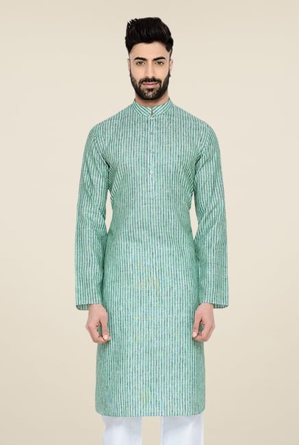 Manyavar Striped Green Casual Kurta Manyavar Striped Green Casual Kurta