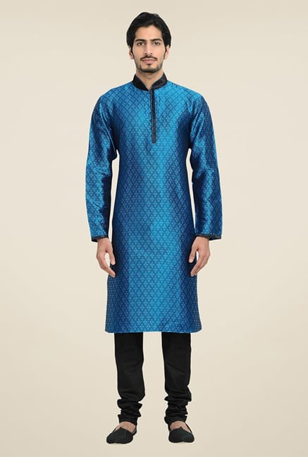 Manyavar Trendy Blue & Black Jacquard Kurta & Pyjama Manyavar Trendy Blue & Black Jacquard Kurta & Pyjama