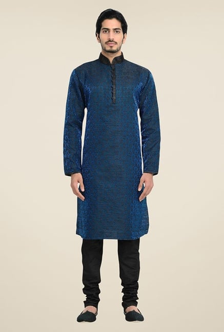 Manyavar Blue & Black Brocade Kurta & Churidar Manyavar Blue & Black Brocade Kurta & Churidar