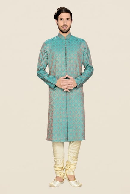 Manyavar Self Design Blue & Beige Kurta & Churidar Manyavar Self Design Blue & Beige Kurta & Churidar