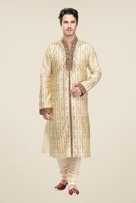 Manyavar Beige Embroidered Kurta & Churidar Manyavar Beige Embroidered Kurta & Churidar