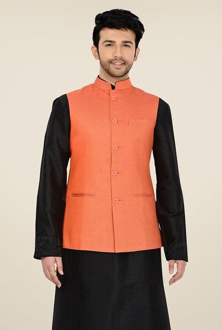 Manyavar Trendy Orange Textured Nehru Jacket Manyavar Trendy Orange Textured Nehru Jacket