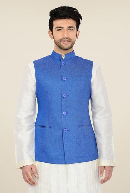 Manyavar Blue Textured Nehru Jacket Manyavar Blue Textured Nehru Jacket