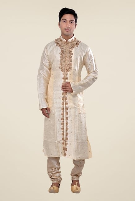 Manyavar Cream Jacquard Kurta & Churidar Manyavar Cream Jacquard Kurta & Churidar