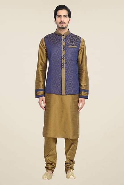 Manyavar Gold & Blue Kurta, Pyjama & Jacket Manyavar Gold & Blue Kurta, Pyjama & Jacket