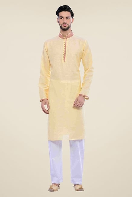 Manyavar Trendy Yellow & White Kurta & Pyjama Manyavar Trendy Yellow & White Kurta & Pyjama