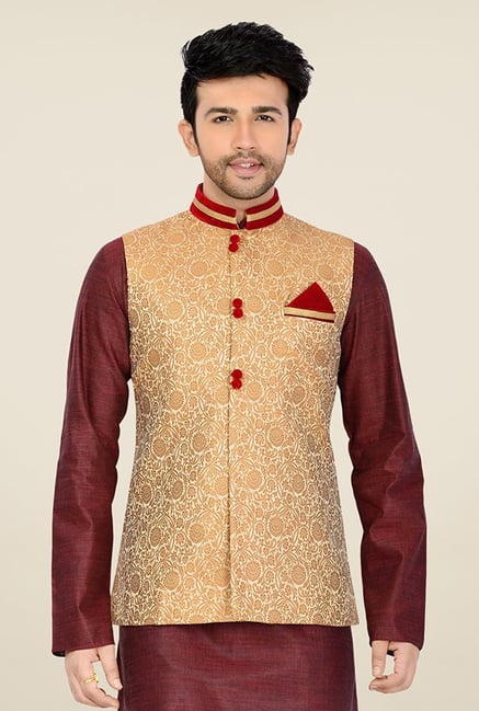 Manyavar Beige Brocade Design Nehru Jacket Manyavar Beige Brocade Design Nehru Jacket