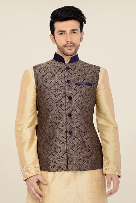 Manyavar Blue Jacquard Design Nehru Jacket Manyavar Blue Jacquard Design Nehru Jacket