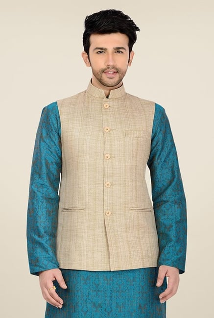 Manyavar Classic Beige Textured Nehru Jacket Manyavar Classic Beige Textured Nehru Jacket