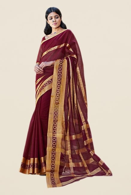 Salwar Studio Wine & Gold Printed Saree Salwar Studio Wine & Gold Printed Saree
