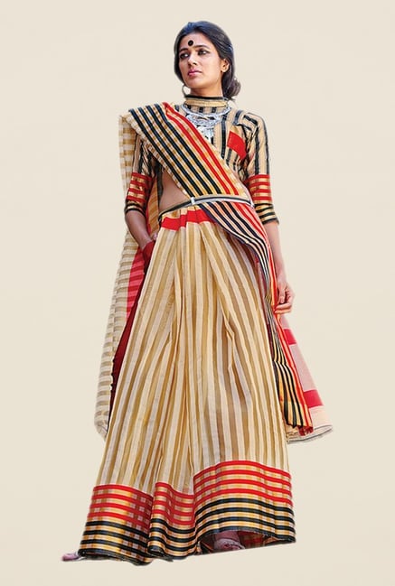 Salwar Studio Beige & Red Striped Saree Salwar Studio Beige & Red Striped Saree