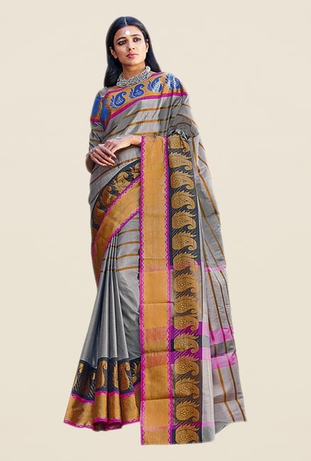 Salwar Studio Grey & Gold Paisley Print Saree Salwar Studio Grey & Gold Paisley Print Saree
