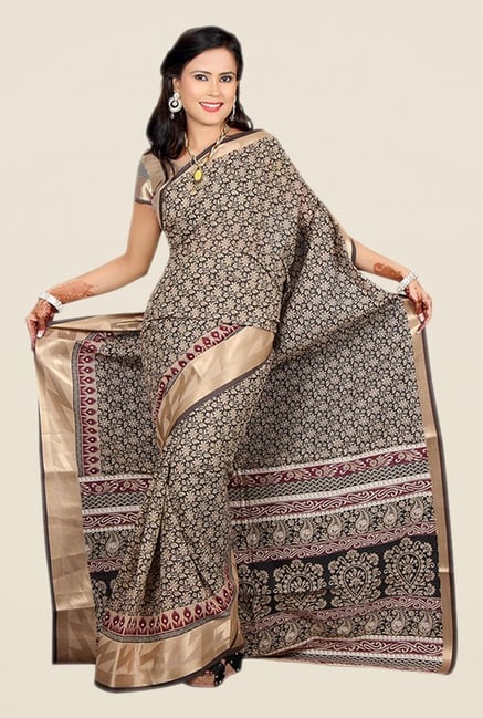Salwar Studio Black & Beige Floral Print Saree Salwar Studio Black & Beige Floral Print Saree