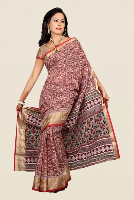 Salwar Studio Maroon & Beige Paisley Print Saree Salwar Studio Maroon & Beige Paisley Print Saree