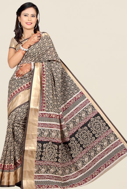 Salwar Studio Black & Beige Floral Print Saree Salwar Studio Black & Beige Floral Print Saree