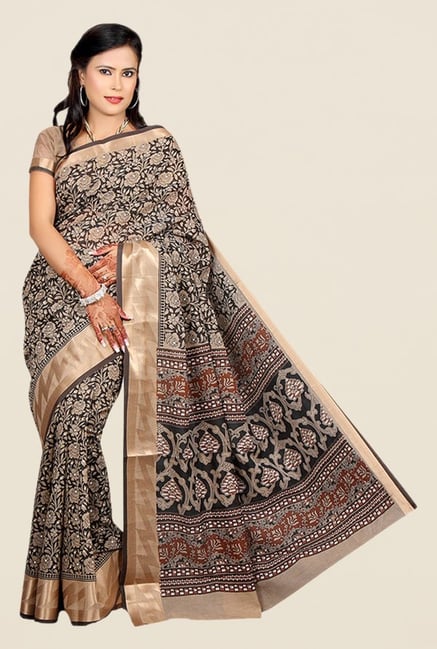 Salwar Studio Black & Beige Floral Print Saree Salwar Studio Black & Beige Floral Print Saree