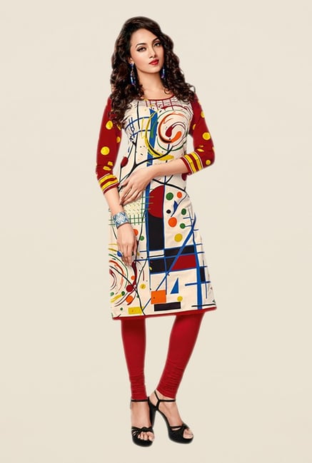 Salwar Studio Beige & Red Printed Unstitched Kurti Salwar Studio Beige & Red Printed Unstitched Kurti