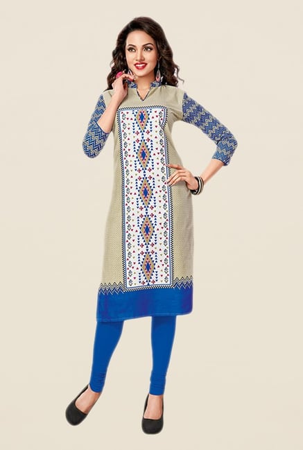 Salwar Studio Blue & Beige Printed Unstitched Kurti Salwar Studio Blue & Beige Printed Unstitched Kurti