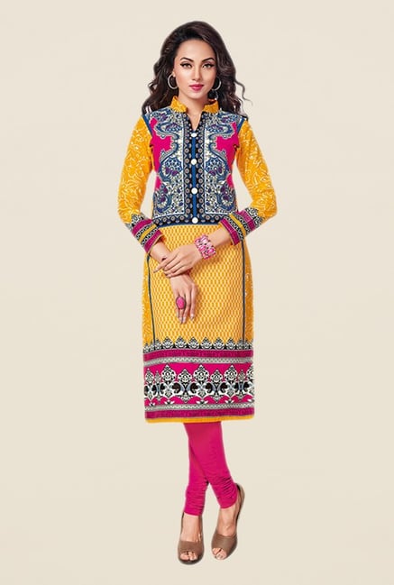 Salwar Studio Yellow & Pink Printed Unstitched Kurti Salwar Studio Yellow & Pink Printed Unstitched Kurti