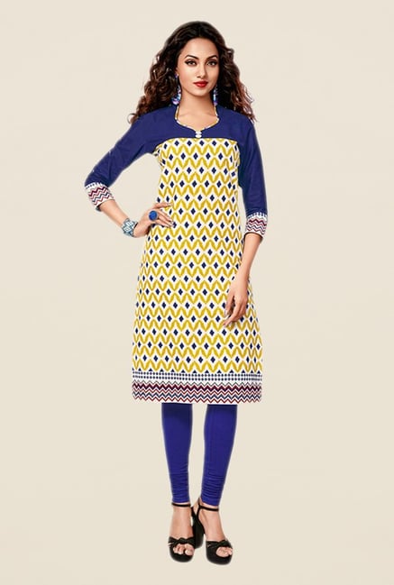 Salwar Studio Yellow & Blue Aztec Print Unstitched Kurti Salwar Studio Yellow & Blue Aztec Print Unstitched Kurti