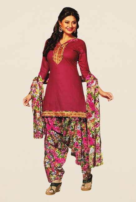 Salwar Studio Pink & Green Floral Print Dress Material Salwar Studio Pink & Green Floral Print Dress Material