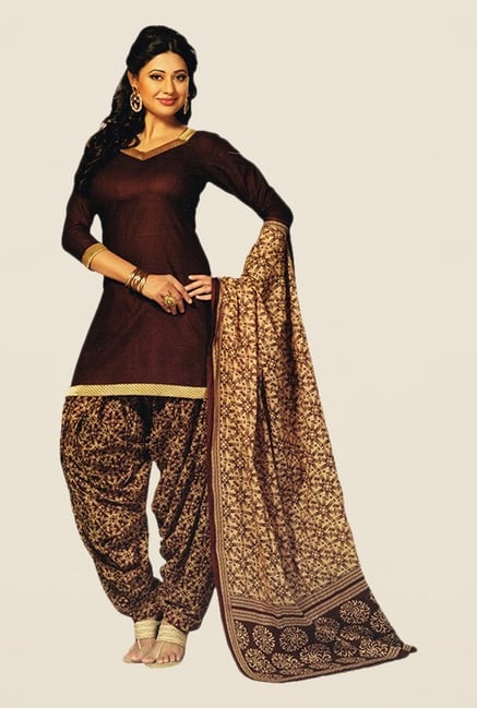 Salwar Studio Brown & Beige Printed Dress Material Salwar Studio Brown & Beige Printed Dress Material