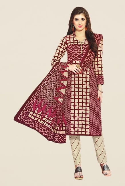 Salwar Studio Maroon & Beige Printed Dress Material Salwar Studio Maroon & Beige Printed Dress Material