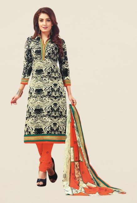 Salwar Studio Beige & Orange Printed Cotton Dress Material Salwar Studio Beige & Orange Printed Cotton Dress Material