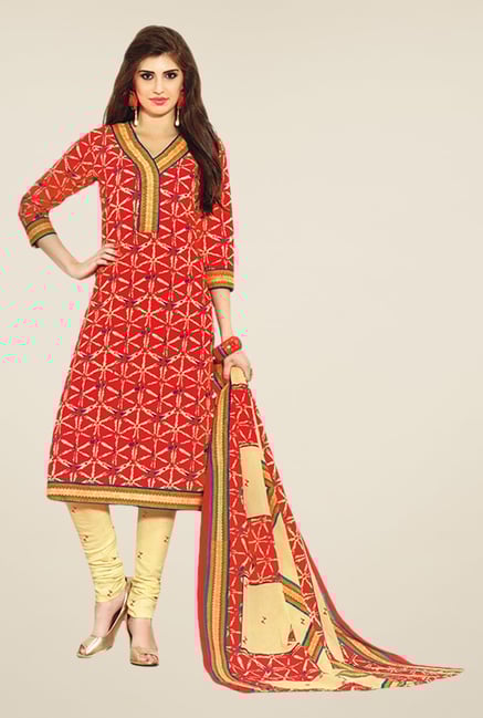 Salwar Studio Red & Beige Printed Cotton Dress Material Salwar Studio Red & Beige Printed Cotton Dress Material