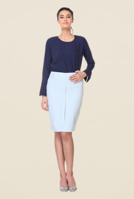 Kaaryah Light Blue Solid Pencil Skirt Kaaryah Light Blue Solid Pencil Skirt