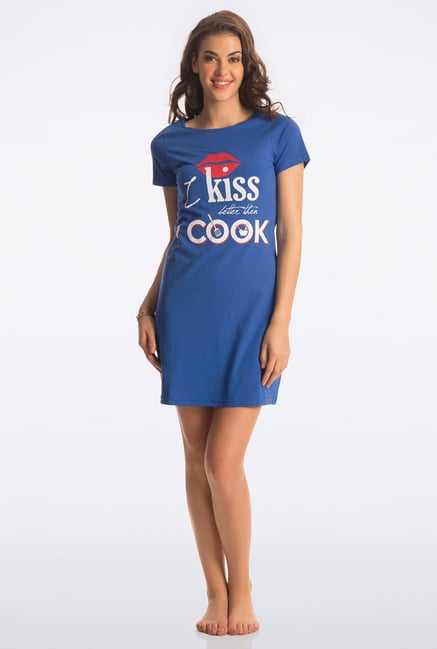 PrettySecrets Blue Graphic Print Cotton Sleepshirt PrettySecrets Blue Graphic Print Cotton Sleepshirt