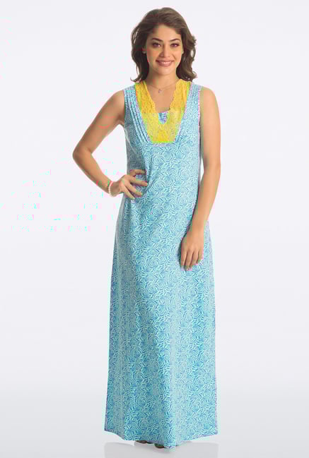 PrettySecrets Blue Rose Floral Print Long Nightdress PrettySecrets Blue Rose Floral Print Long Nightdress