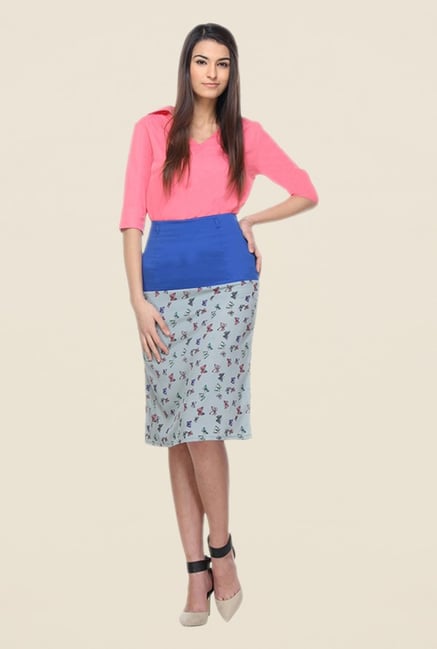 Kaaryah Grey & Blue Printed A Line Skirt Kaaryah Grey & Blue Printed A Line Skirt