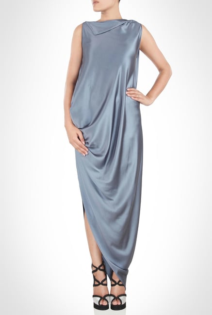 James Farera Designer Wear Draped Grey Dress By Kimaya James Farera Designer Wear Draped Grey Dress By Kimaya