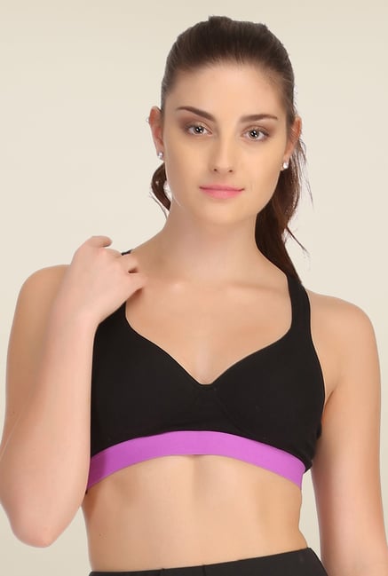 Clovia Black & Purple Broad Elastic Padded Sports Bra Clovia Black & Purple Broad Elastic Padded Sports Bra