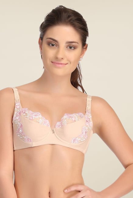 Clovia Beige Lycra Nursing Bra With Embroidered Lace Clovia Beige Lycra Nursing Bra With Embroidered Lace
