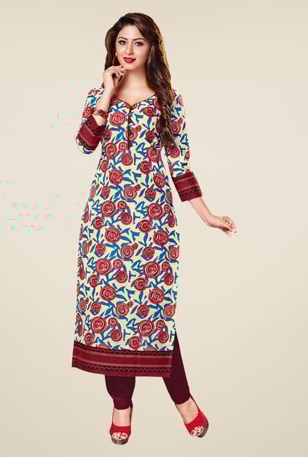 Salwar Studio Wine Red & Cream Printed Unstitched Kurti Salwar Studio Wine Red & Cream Printed Unstitched Kurti