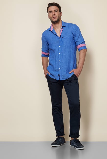 Provogue Blue Slim Fit Linen Shirt Provogue Blue Slim Fit Linen Shirt
