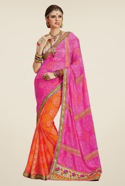 Salwar Studio Pink & Orange Georgette Bandhej Saree Salwar Studio Pink & Orange Georgette Bandhej Saree
