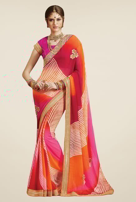 Salwar Studio Orange & Pink Georgette Bandhej Saree Salwar Studio Orange & Pink Georgette Bandhej Saree