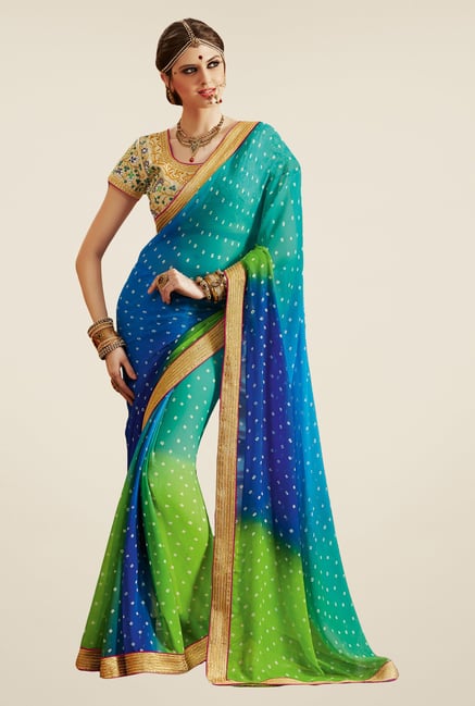 Salwar Studio Blue & Green Georgette Bandhej Saree Salwar Studio Blue & Green Georgette Bandhej Saree
