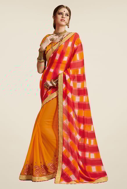 Salwar Studio Yellow & Red Georgette Bandhej Saree Salwar Studio Yellow & Red Georgette Bandhej Saree